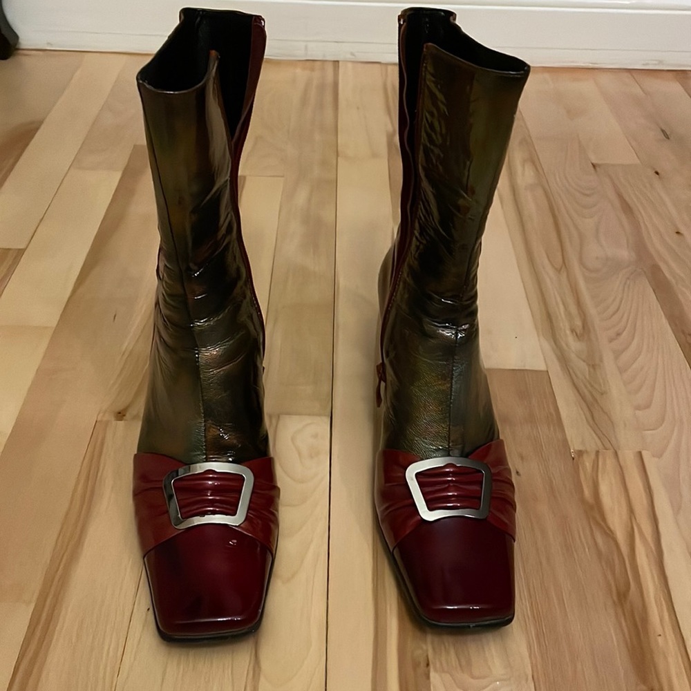 Beautiful unique Mid-calf patent leather red, pewter and copper